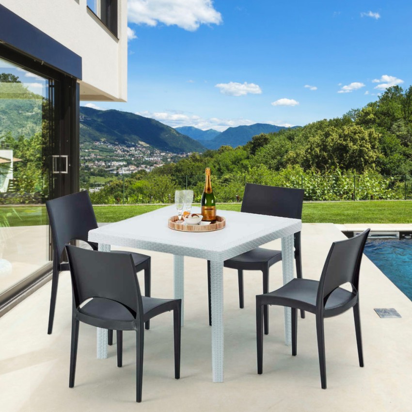 Table Carrée Blanche 90x90cm Avec 4 Chaises Colorées Grand Soleil Set en ligne Extérieur