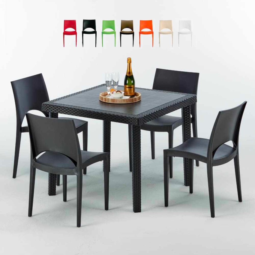 Table offres Carrée Noire 90x90cm Avec 4 Chaises Colorées Grand Soleil Set Extérieur Ba