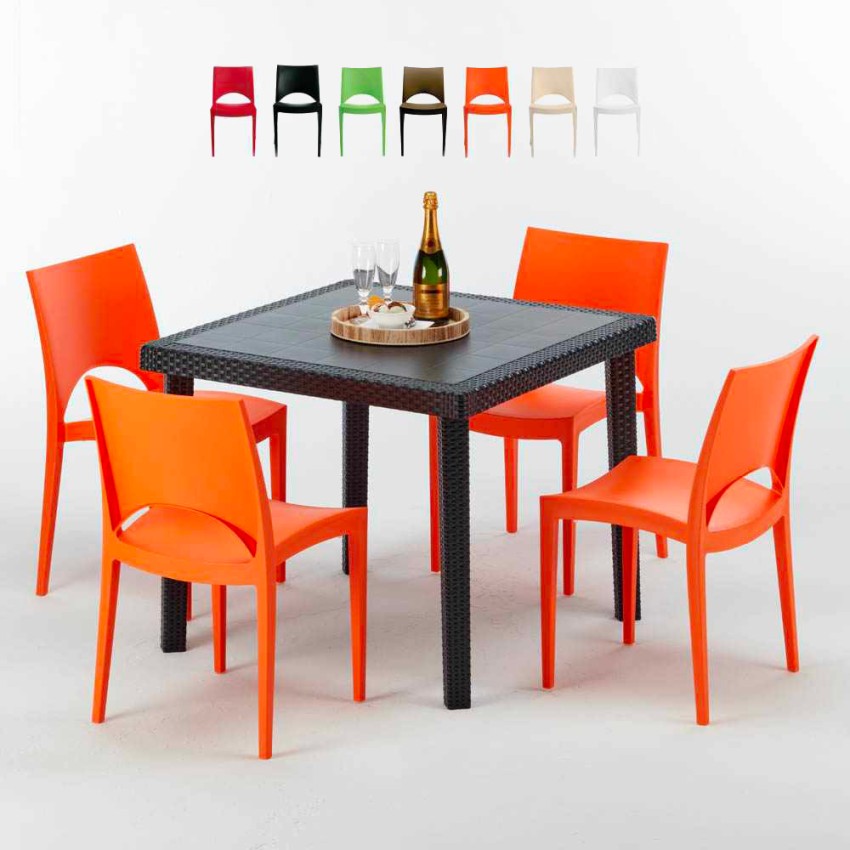 Table Carrée Noire 90x90cm Avec 4 Chaises Colorées Grand soldes Soleil Set Extérieur Ba