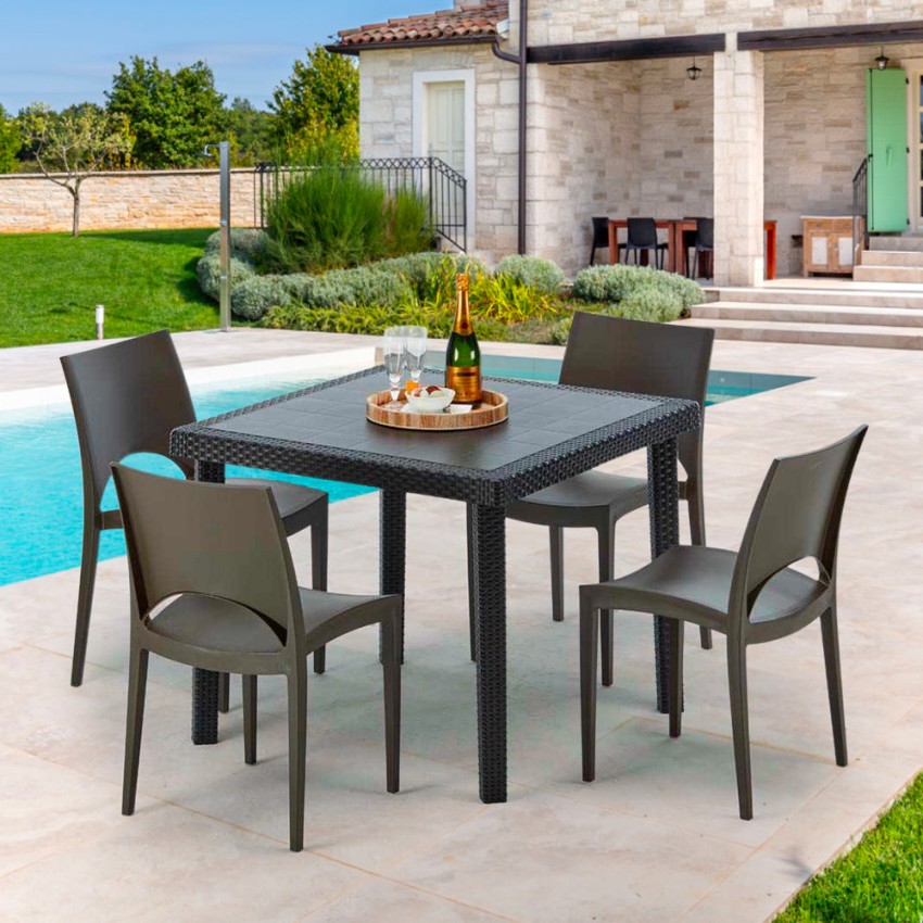 Table Carrée Noire 90x90cm Avec 4 Chaises Colorées Grand Soleil en ligne Set Extérieur Ba
