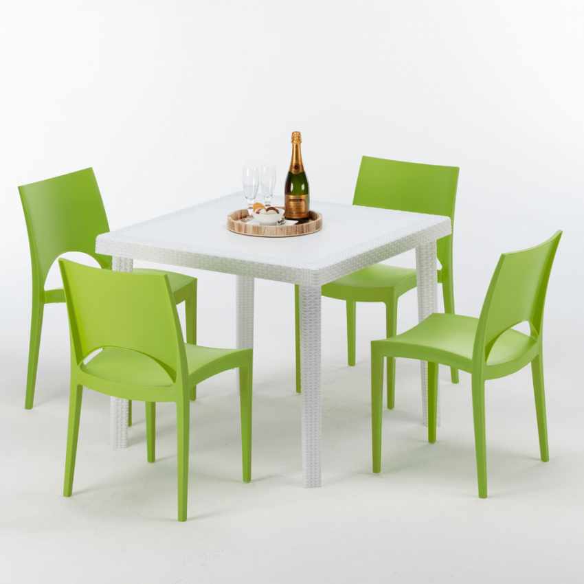 Table Carrée Blanche 90x90cm Avec 4 Chaises officiel Colorées Grand Soleil Set Extérieur