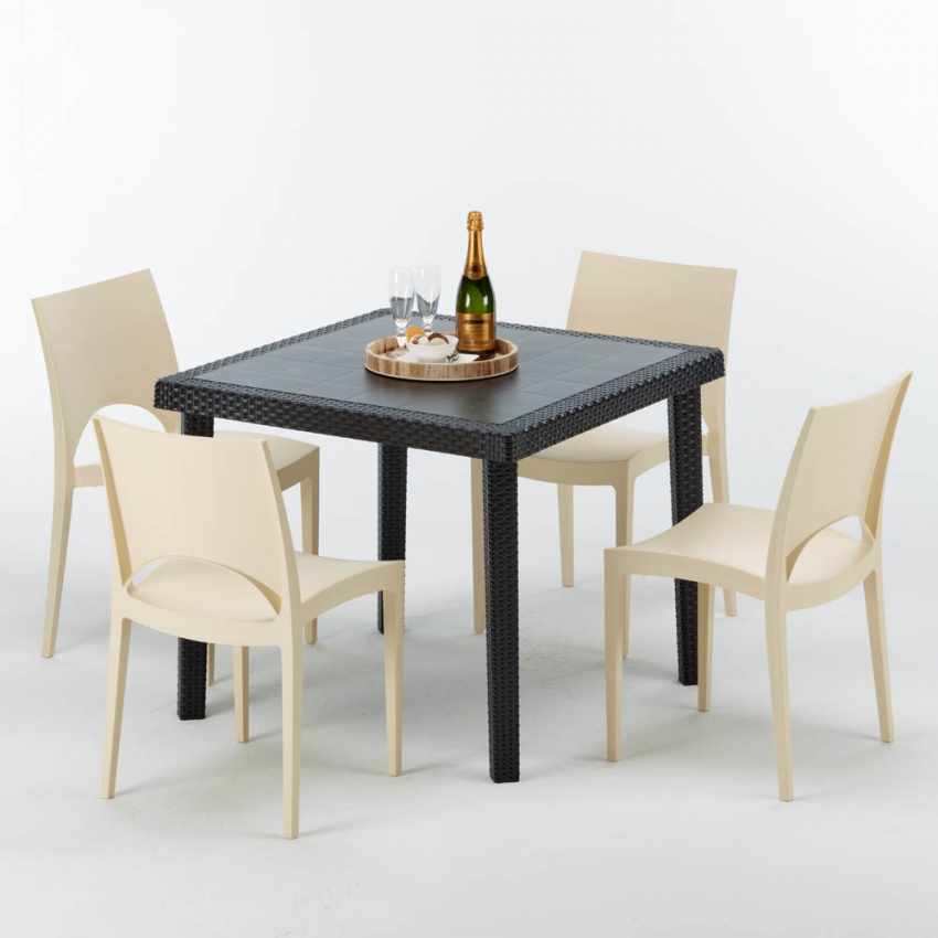 Officiel Table Carrée Noire 90x90cm Avec 4 Chaises Colorées Grand Soleil Set Extérieur Ba